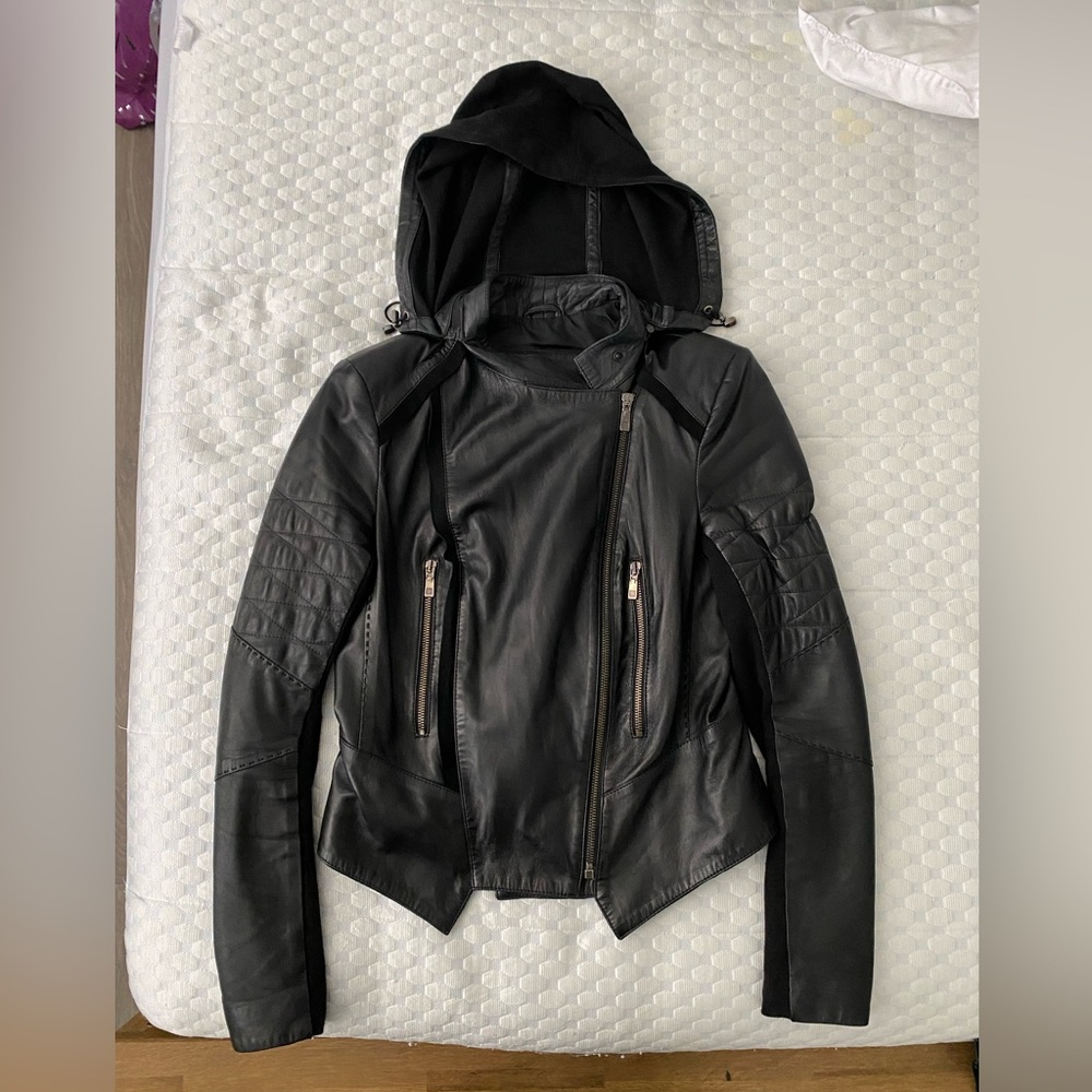 Lamb leather black moto jacket with detachable hood